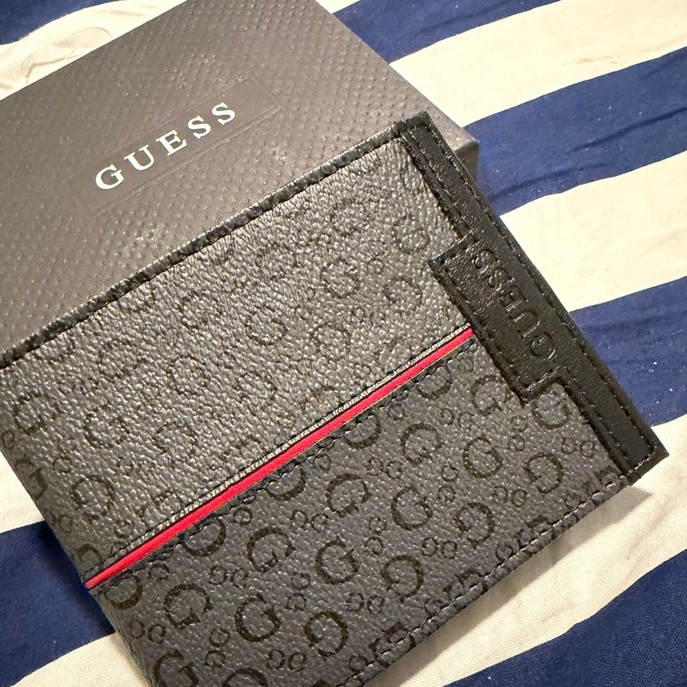GUESS Black Signature Wallet with Red Stripe Accent